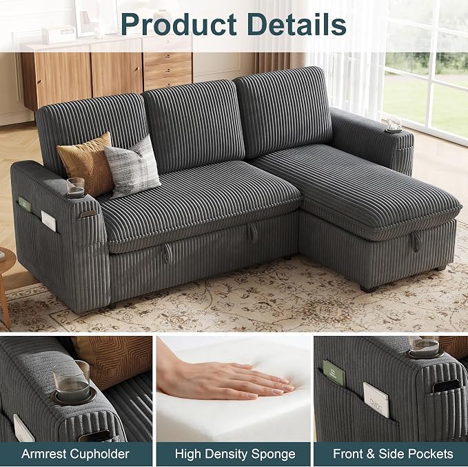 Sectional Sleeper Sofa with Pull Out Bed, Plush Corduroy Sectional Sofa with Storage Chaise and Adjustable Backrest, Cloud Sectional Couches for Living Room, Apartment, Light Grey