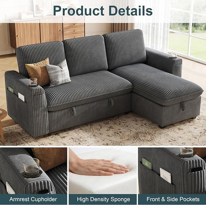 Sectional Sleeper Sofa with Pull Out Bed, Plush Corduroy Sectional Sofa with Storage Chaise and Adjustable Backrest, Cloud Sectional Couches for Living Room, Apartment, Light Grey
