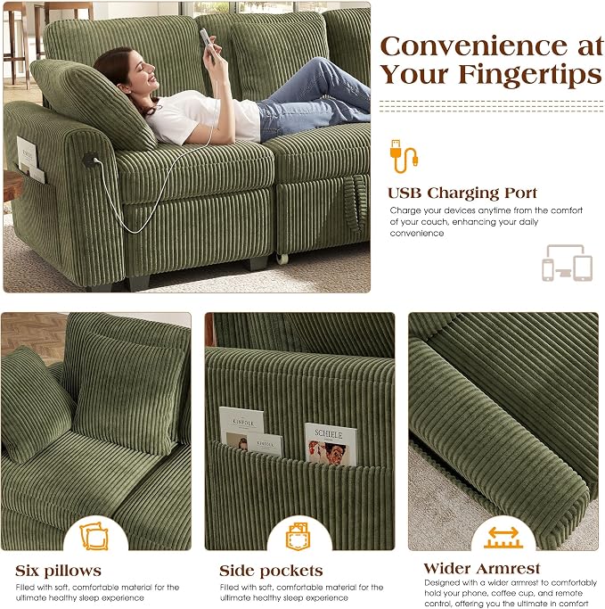 Ihanherry 8-Seater Large Sectional Sofa Bed with Storage Lovescat, Corduroy Modular Sleeper Sofa with USB Port & 6 Pillows, 110" U-Shaped Convertible Couch for Large Living Room（Green）