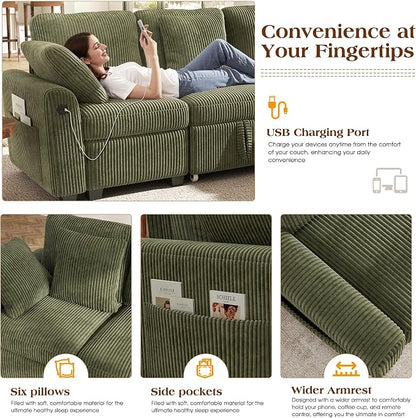 Ihanherry 8-Seater Large Sectional Sofa Bed with Storage Lovescat, Corduroy Modular Sleeper Sofa with USB Port & 6 Pillows, 110" U-Shaped Convertible Couch for Large Living Room（Green）