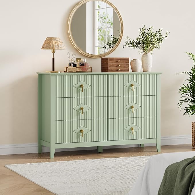 GarveeHome Fluted Dresser for Bedroom, 47.2 Inch Wide 6-Drawer Wood Dresser, Modern Chest of Drawers, Storage Organizer Cabinet for Living Room, Hallway, Entryway, Green