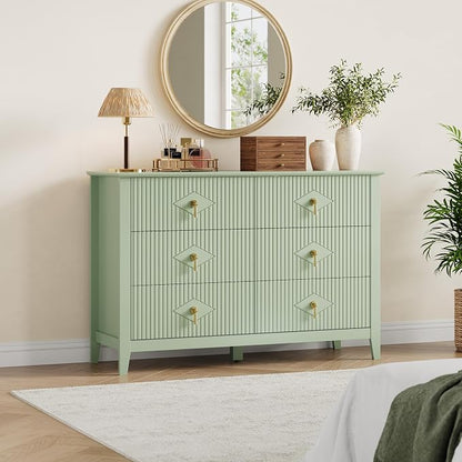 GarveeHome Fluted Dresser for Bedroom, 47.2 Inch Wide 6-Drawer Wood Dresser, Modern Chest of Drawers, Storage Organizer Cabinet for Living Room, Hallway, Entryway, Green