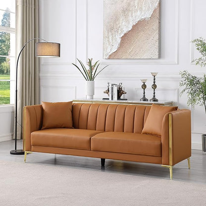 FOTOSOK Leather Couch Sofa, Office Couches 78'' Apartment Faux Leather Sofa with 2 Throw Pillows & Gold Metal Legs, Waterproof 3 Seater Couches for Small Living Room, Affordable Luxury Design