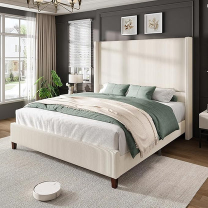 AMERLIFE Queen Size 62" Corduroy Upholstered Bed Frame, Luxurious Platform Bed with Extra Tall Wingback Headboard and Vertical Stripe, No Box Spring Needed/Solid Wood Slats & Legs/Cream