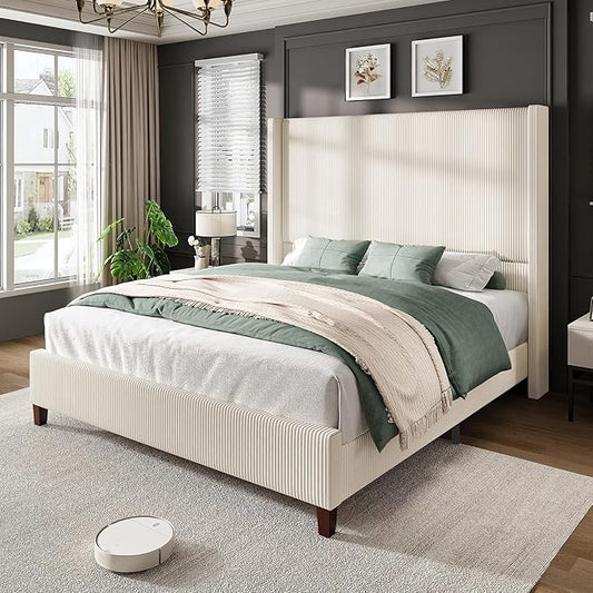 AMERLIFE Queen Size 62" Corduroy Upholstered Bed Frame, Luxurious Platform Bed with Extra Tall Wingback Headboard and Vertical Stripe, No Box Spring Needed/Solid Wood Slats & Legs/Cream