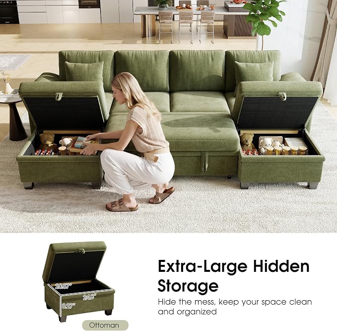 107.8" Modular Sectional Sleeper Sofa Bed, U Shaped 6 Seat Pull Out Couch with Storage Ottoman, Convertible Cloud Couch Bed, Sectional Couches for Living Room, Apartment (Green)