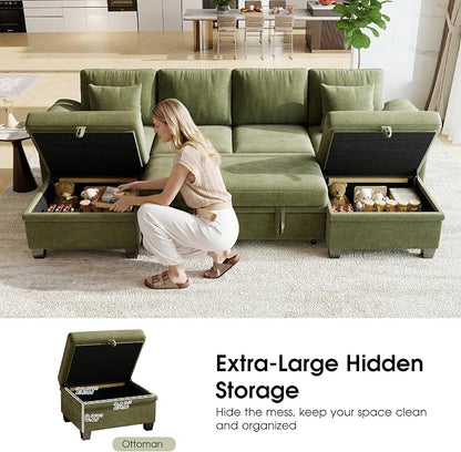 107.8" Modular Sectional Sleeper Sofa Bed, U Shaped 6 Seat Pull Out Couch with Storage Ottoman, Convertible Cloud Couch Bed, Sectional Couches for Living Room, Apartment (Green)