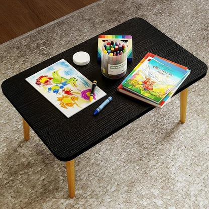 Square Coffee Table Low Table with 4 Solid Wood Sturdy Legs,Floor Table Desk for Sitting on The Floor,19.7"D x 31.5"W x 16"H Inches,Living Room/Toy room Furniture,Rental house Furniture(Black-Square)