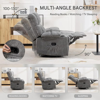 Swivel Rocker Recliner,Rocking Reclining Chair with Adjustable Headrest for Adults,Upholstered Fabric Swivel Recliner Chair for Bedroom,Living Room,Grey