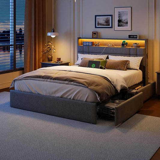 Forestell Full Size Bed Frame with 4 Drawers and Storage Headboard, Grey Upholstered Platform Bed Frame Full Size with Charging Station and LED Lights, Metal Slats Support, No Box Spring Needed