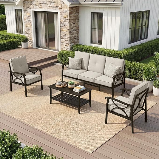 Outdoor Patio Furniture Set, 5 Seats Outdoor Patio Set with 4" Thick Cushion, All-Weather Metal Patio Sofa with Coffee Table, Outdoor Sectional Furniture for Porch Backyard Deck Yard, Black&Beige