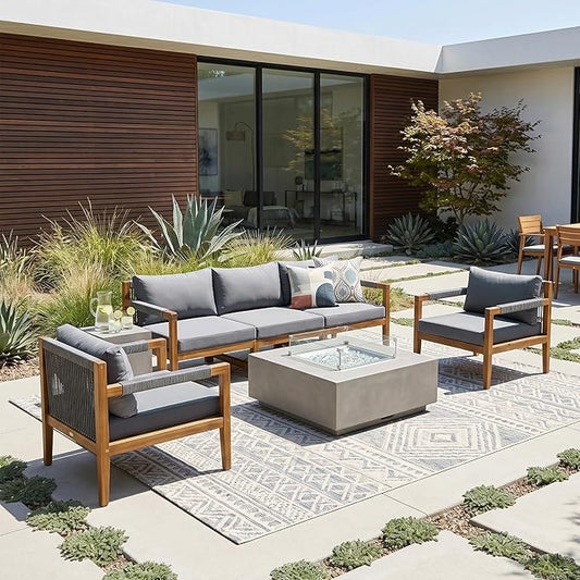 VilroCaz 3-Piece Patio Conversation Set, All Weather Sectional Sofa Set with Acacia Wood Frame and Woven Rope Accents, Outdoor Furniture Set with Cushions for Backyard Deck Poolside (Grey+Rope v)
