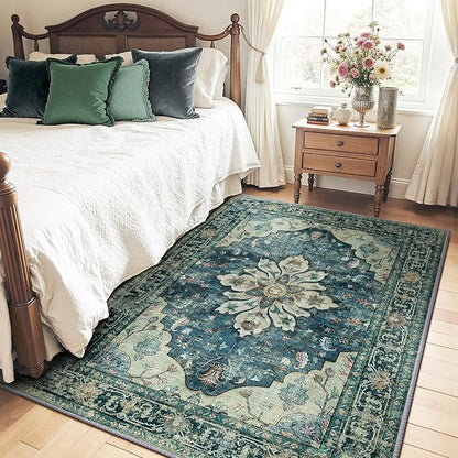 RELEANY Area Rugs 4'x5' Washable Non-Slip, Floral Vintage Distress Medallion Carpet for Living Room Bedroom Dining Room, Dark Blue Vintage
