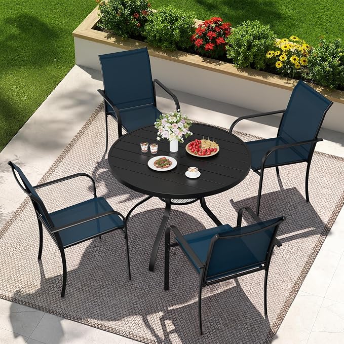 SUNCROWN 5-Piece Outdoor Dining Set, Patio Furniture Set with 4 x Textilene Dinning Chairs and 41" Metal Round Table with Umbrella Hole for Lawn Garden Backyard Deck, Blue