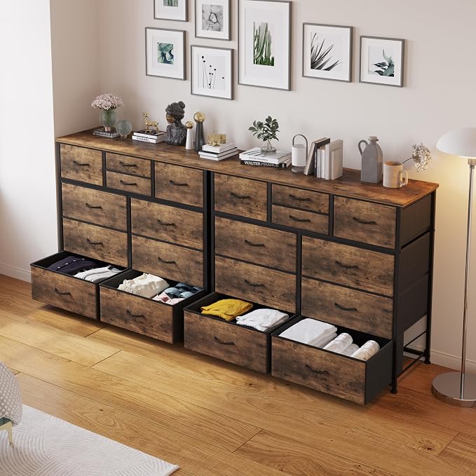 LUMTOK 10-Drawer Dresser, Fabric Storage Tower with Drawers for Bedroom, Dresser Drawer with Handle for Bedroom, Living Room, Hallway, Closets & Nurseryteel Frame, Wood Top (10 Drawer/Rustic Brown)
