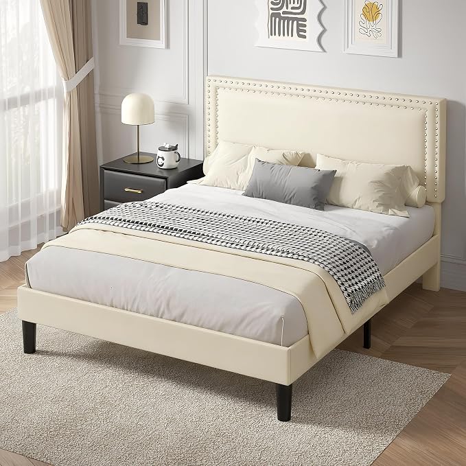 VECELO Full Size Platform Bed Frame with Height Adjustable Upholstered Headboard, Modern Mattress Foundation,Strong Wood Slat Support, No Box Spring Needed, Easy Assembly,Beige