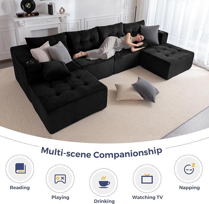 MAXYOYO 129.5" Modular Sectional Sofa Couch, U Shaped Modern Cloud Couch with 2 Ottomans, Sofa in A Box, Tufted 6-Seat Boneless Chair for Living Room, No Assembly Required, Black