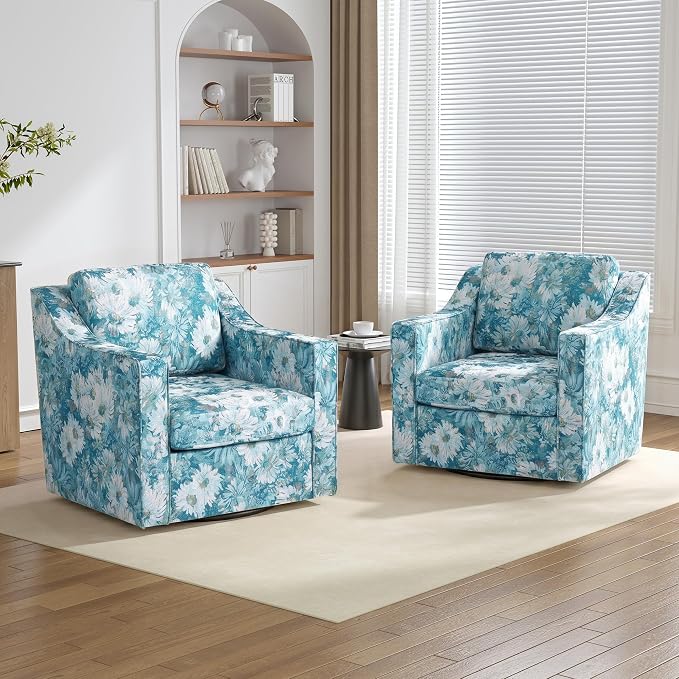 Swivel Accent Chairs Set of 2, 360° Swivel Upholstered Club Armchairs for Living Room, Comfy Fabric Single Sofa Reading Chair with Deep Seat, Metal Swivel Base, Cyan Blooms