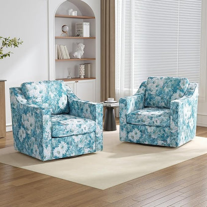 Swivel Accent Chairs Set of 2, 360° Swivel Upholstered Club Armchairs for Living Room, Comfy Fabric Single Sofa Reading Chair with Deep Seat, Metal Swivel Base, Cyan Blooms
