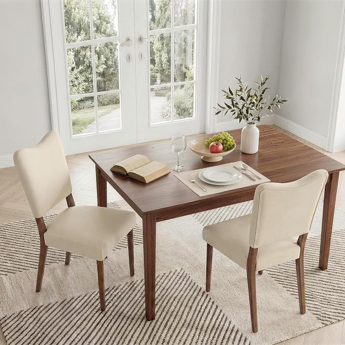 KISLOT Upholstered Dining Chairs Set of 2, Modern Velvet Kitchen Chairs with Solid Wood Legs, High Back Wooden Dining Room Chairs with Dark Walnut Color Legs for Farmhouse Kitchen Dining Room, Linen