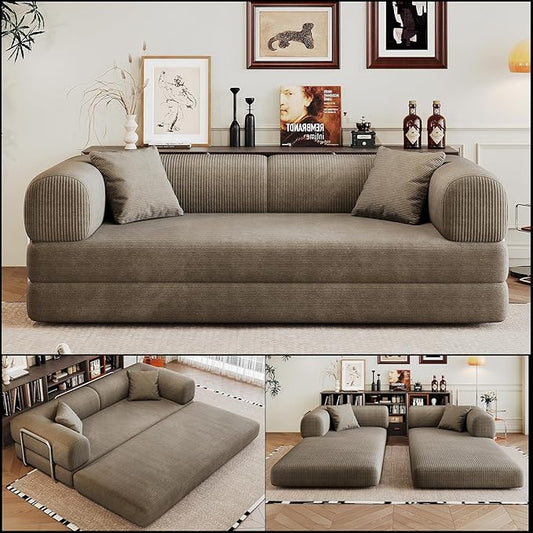JINGLING 79" Queen Sleeper Sofa Bed with Memory Foam, Compressed Couch in a Box, Foldable Convertible Small Couches for Small Spaces Bedroom Game Room, Corduroy Fabric, Camel
