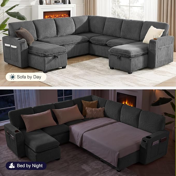 Oversized Sectional Sleeper Sofa with Pull Out Bed, Plush Corduroy 9 Seat Modular Sofa with Storage Chaise and Adjustable Backrest, Cloud Couches for Living Room, Apartment, Light Grey