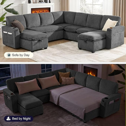 Oversized Sectional Sleeper Sofa with Pull Out Bed, Plush Corduroy 9 Seat Modular Sofa with Storage Chaise and Adjustable Backrest, Cloud Couches for Living Room, Apartment, Light Grey