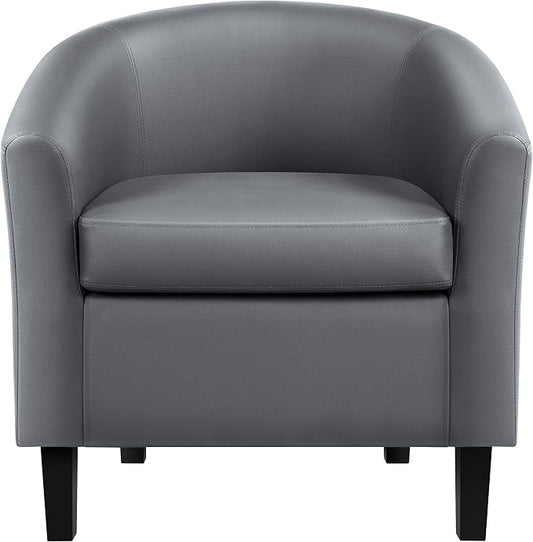 Topeakmart Faux Leather Club Chair, Modern Accent Chair and Cozy Barrel Armchair with Sturdy Wood Legs for Living Room Bedroom Reception Room, Gray