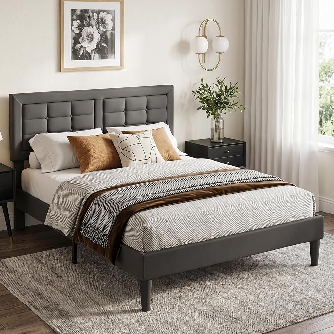 VECELO Queen Size Bed Frame, Adjustable Upholstered Button Tufted Headboard, Heavy-Duty Bedframe with Wood Slats Support, No Box Spring Needed, Linen & Dark Grey
