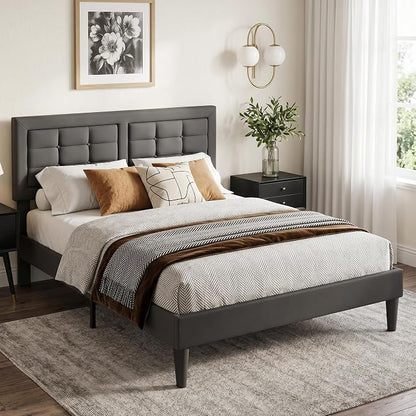 VECELO Queen Size Bed Frame, Adjustable Upholstered Button Tufted Headboard, Heavy-Duty Bedframe with Wood Slats Support, No Box Spring Needed, Linen & Dark Grey