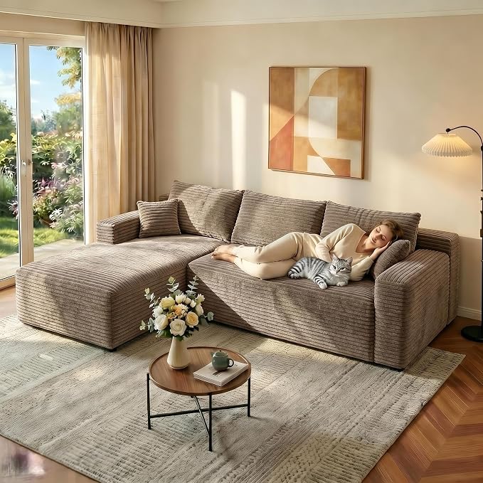 JINGLING 94" L Shape Couch with Left Chaise, Memory Foam Boneless Sectional Sofa in a Box, No Assembly Modular Small Couches for Small Spaces, Living Room, Apartments, Plush Corduroy, Camel