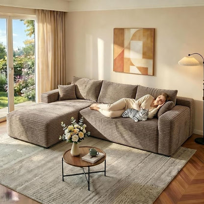 JINGLING 94" L Shape Couch with Left Chaise, Memory Foam Boneless Sectional Sofa in a Box, No Assembly Modular Small Couches for Small Spaces, Living Room, Apartments, Plush Corduroy, Camel