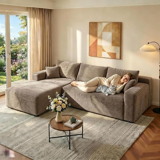JINGLING 94" L Shape Couch with Left Chaise, Memory Foam Boneless Sectional Sofa in a Box, No Assembly Modular Small Couches for Small Spaces, Living Room, Apartments, Plush Corduroy, Camel