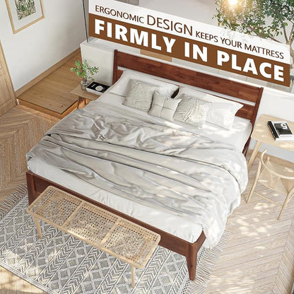 Acacia Emery Bed Frame with Headboard Solid Wood Platform Bed, Queen Size Bed Frame, Mid - Century Modern Wood Bed Compatible with All Mattresses, Easy Assembly, Non-Slip, Walnut