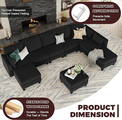Modular Sectional Sofa, 6 Seaters Modular Sleeper Sofa Couch, Comfy Sectionals Couches Bed, Convertible Sofas with Ottomans, Sectional Couches for Living Room, Black