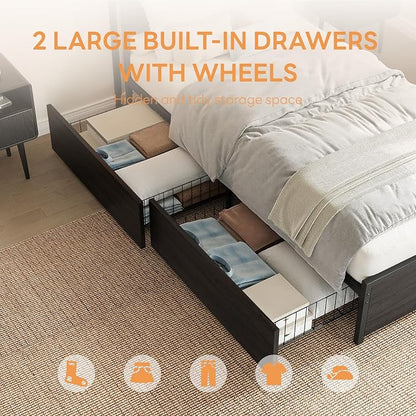 LIKIMIO Twin Bed Frame, DIY Storage Drawer Layout, Headboard with 2-Tier Shelves & Charging Station & LED Light, Suitable for Teen Rooms, Small Apartments & Bedrooms, Black