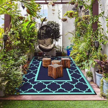 GENIMO 9 ' x 12 ' Outdoor Rug for Patio, Waterproof Indoor Outdoor Plastic Straw Rugs Carpet, Reversible Outside Area Mat for Camping, Balcony Porch, Deck, Picnic, Beach Navy Blue & Jade Green