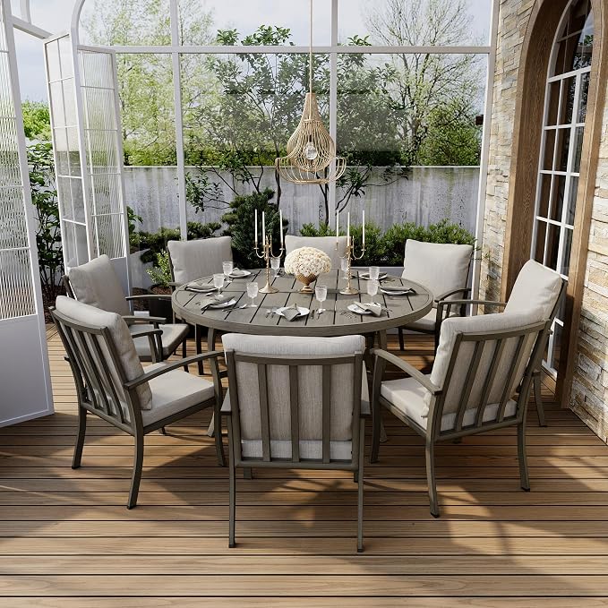 HAPPATIO Patio Dining Set, Aluminum Round Outdoor Dining Set for 8, 61" Round Dining Table with Umbrella Hole and 8 Chairs, Outdoor Table and Chairs with Removable Cushion for Lawn Yard Patio