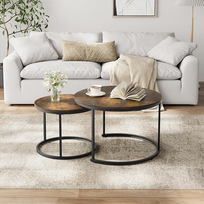 Smuxee Rustic Nesting Coffee Table Set of 2, 27.6" Round Coffee Table Wooden Marble Pattern with Adjustable Non-Slip Feet, Industrial End Table for Living Room Bedroom Balcony