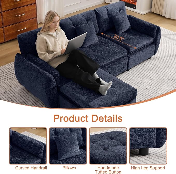 84" L Shaped Modular Sectional Cloud Sofa with Ottoman, Deep Seat Tufted Chenille 4-Seater Couch with Curved Arms, Blue