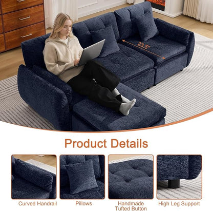 84" L Shaped Modular Sectional Cloud Sofa with Ottoman, Deep Seat Tufted Chenille 4-Seater Couch with Curved Arms, Blue