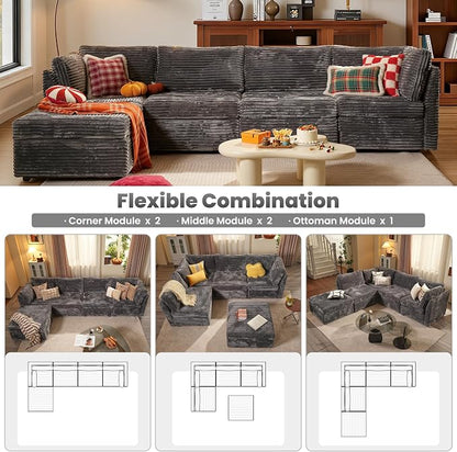 ovios Modular Sectional Sofa Couch with L-Shape Chaise Ottoman, Comfy Plush Corduroy Cloud Couches, Modern Luxury Deep Seat Sofas Set for Living Room, 5-Seater, Grey