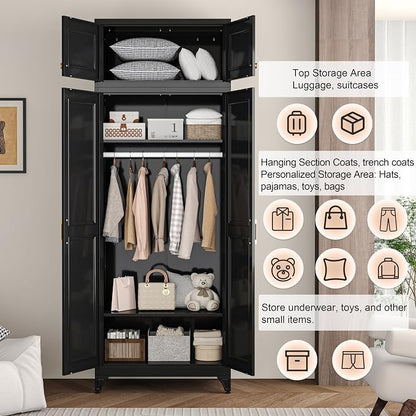 86" Metal Wardrobe Cabinets,Black Armoire Wardrobe Closet with Hanging Rod,Clothes Storage Cabinet with Adjustable Shelves and Doors,Clothing Cabinet for Bedroom,Laundry Room