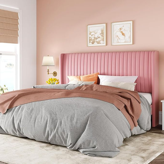 Allewie King Size Velvet Bed Frame/Vertical Channel Tufted Wingback Headboard/Upholstered Platform Bed/Strong Wooden Slats/No Box Spring Needed/Easy Assembly/Pink