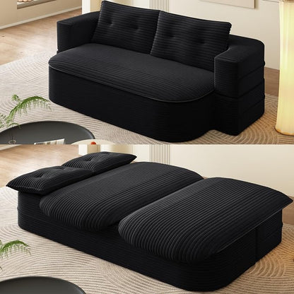 78.7" Futon Sofa Bed, 2-in-1 Foldable Sleeper Sofa, Convertible Sofa Bed with Pillows, Corduroy Couch with Multi Functional Blanket Upholstered Boneless Couches for Living Room, Jet Black