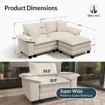 HERA'S HOUSE 88" Modular Sectional Sofa, L Shaped Couches for Living Room, Comfy Cloud Couch with Ottoman, 3-Seater Deep Seat Sofa with Throw Pillow, Corduroy Beige