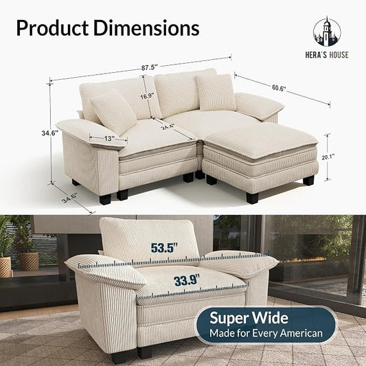 HERA'S HOUSE 88" Modular Sectional Sofa, L Shaped Couches for Living Room, Comfy Cloud Couch with Ottoman, 3-Seater Deep Seat Sofa with Throw Pillow, Corduroy Beige