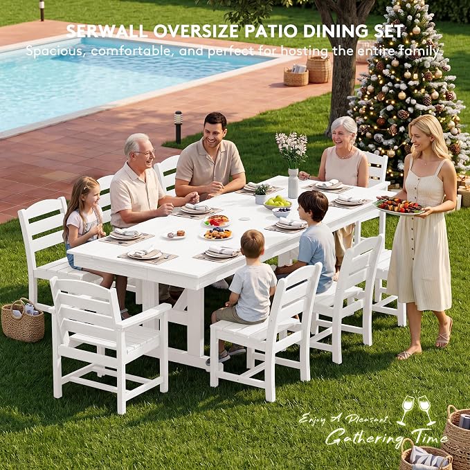SERWALL 9 Piece 84" HDPE Outdoor Dining Set with 6 Armless Chairs, 2 Armchairs and Umbrella Hole for 8, White