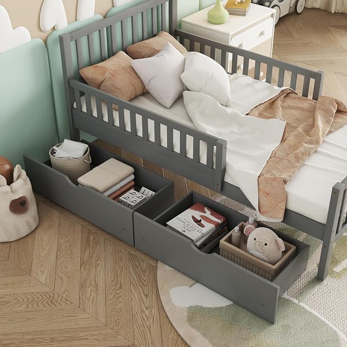 Kids Twin Size Bed Frame with Storage Drawers, Wood Twin Bed Frames for Kids, Twin Bed Frame with Headboard and Footboard for Boys Girls, No Box Spring Needed,Gray