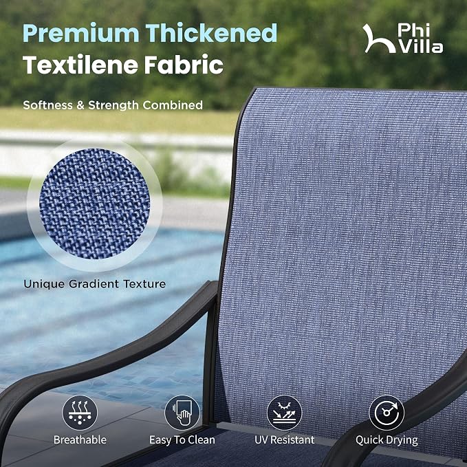 PHI VILLA 7 Piece Patio Dining Set, 6 Swivel Patio Chairs with Textilene Mesh Fabric & Rectangular Wooden-Like Dining Table(1.6" Umbrella Hole), All Weather Patio Chairs and Table Set for Deck (Blue)